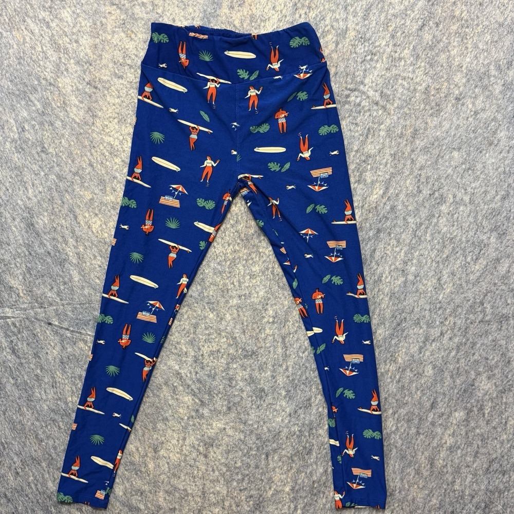 LuLaRoe Womens One Size Leggings Blue Surfing Beach Tropical Novelty Print